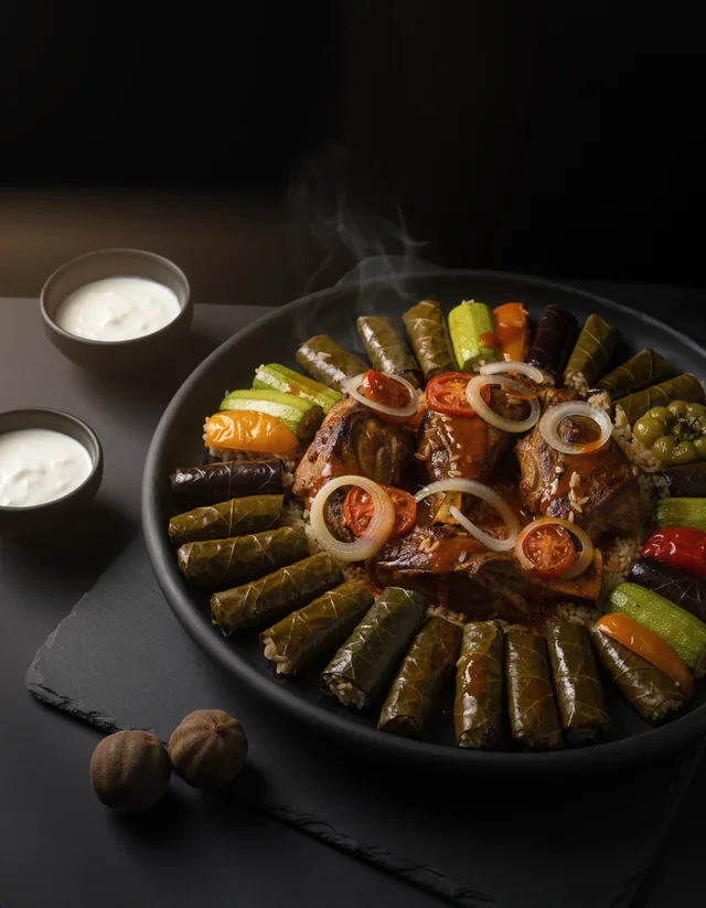 لحمة مع محشي خضار وورق عنب